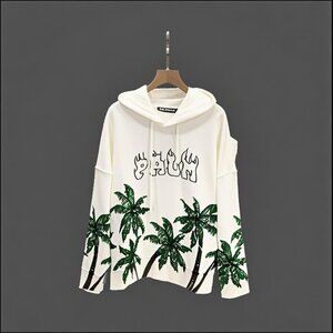 NWT Palm Angels Letter Skull Coconut Tree Hooded Sweatshirt Cream